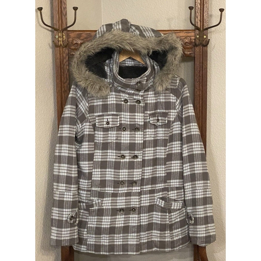 Hurley Hooded Coat Womens L Gray Blue Plaid Warm Sherpa Lined Removable Hood